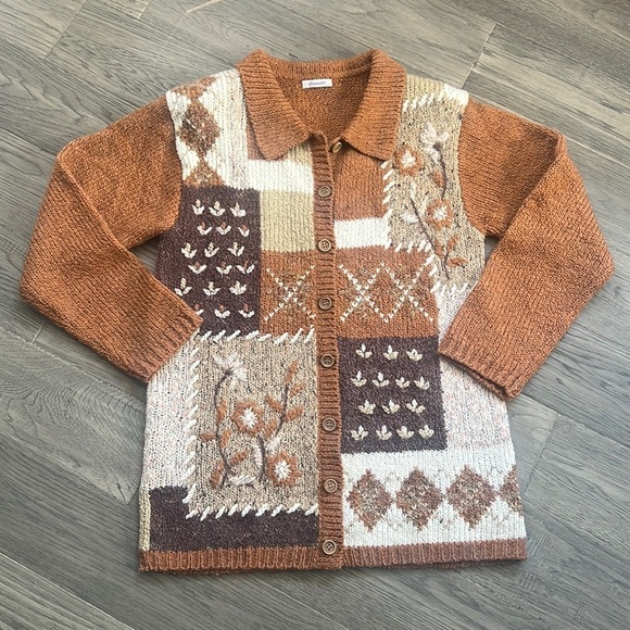 Damart Sweaters - 🔥damart🔥 | Vintage brown fall knit sweater cardigan with embroidered flowers